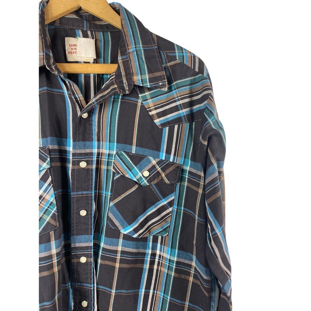 Vintage Saddle King Western Pearl Snap Shirt by Key Plaid Rodeo Mens 16 1/2 34